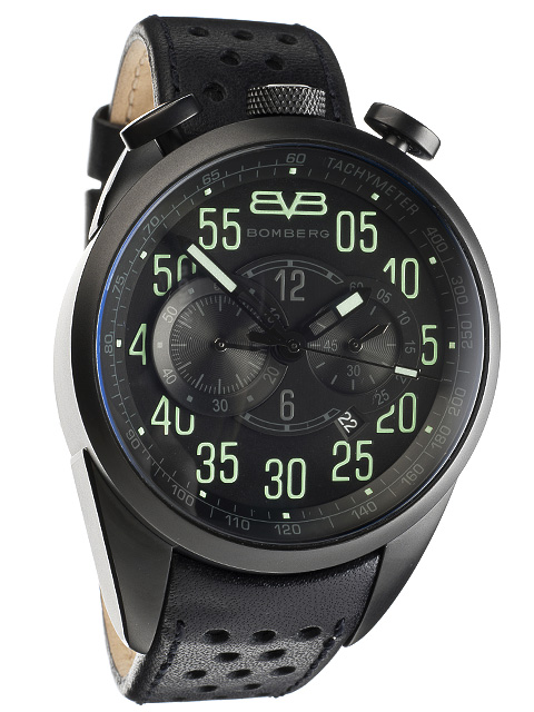 black watch with luminous numbers and a leather strap, commercial product photography
