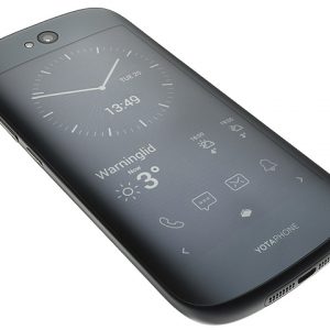 Russian smartphone with screen on back of case, technology product photography